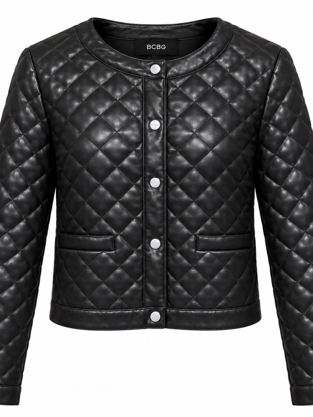 BCBG Black Quilted Faux-Leather Jacket with silver buttons